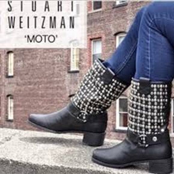 Stuart Weitzman Studded Moto Boots Black  Silver Size 5.5 - Picture 1 of 11